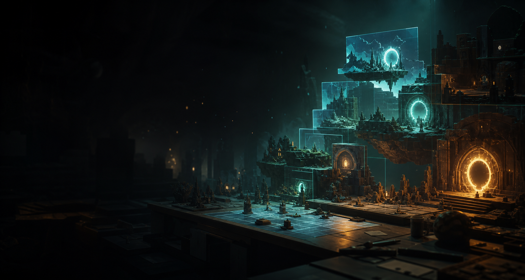 Arte conceitual escura com portais luminosos e blocos de level design flutuando.